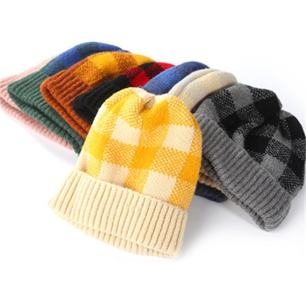 

hats women's knitted autumn family and winter korean colors plaid stripes to keep warm, Yellow
