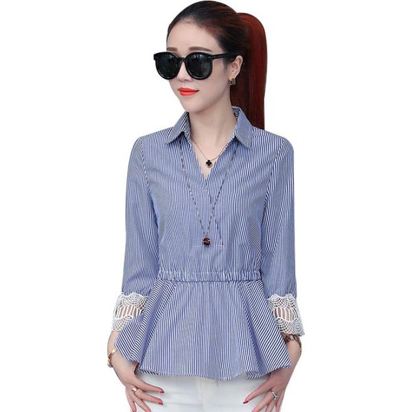 

new women's spring autumn style fashion shirts v-neck women's blouses loose elegant striped shirts df3398, White