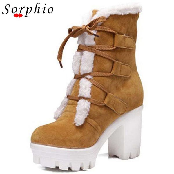 

boots sorphio women shoes solid platform lace up ankle thick bottom warm plush comfy stylish winter, Black