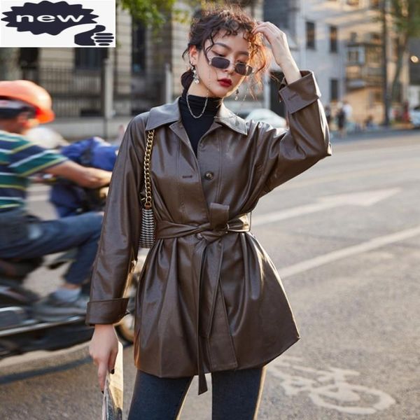 

women's leather & faux high street pu jacket women autumn winter casual coat vintage loose sashes single breasted biker jackets, Black