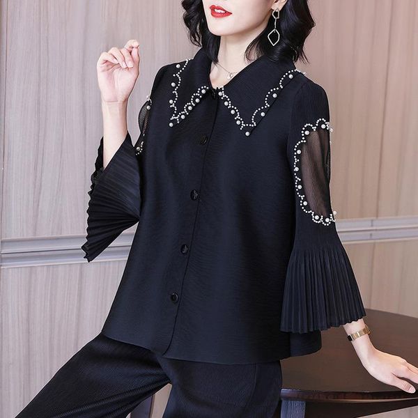 

women's jackets miyak pleated beading turndown collar flared sleeves jacket women autumn solid color loose plus size elegant ladies out, Black;brown