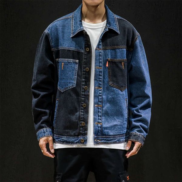 

autumn men's denim color matching korean large fashion brand work jacket student handsome casual top, Black;brown