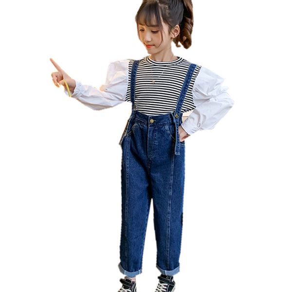 

2021 girls suit for kids new fall denim overalls tie two-piece teenage girl clothes set 8-12 14 years schq, White