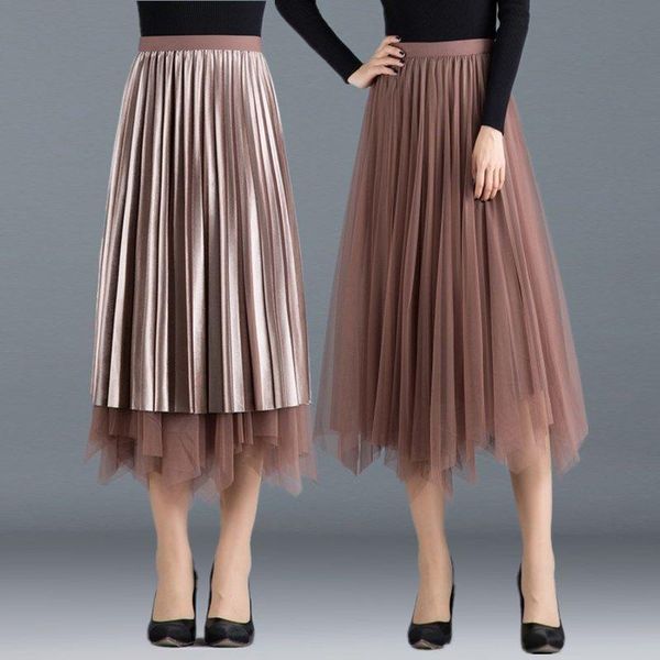 

skirts women's double-sided gold velvet mesh autumn and winter lace pleated skirt long woman faldas jupe, Black