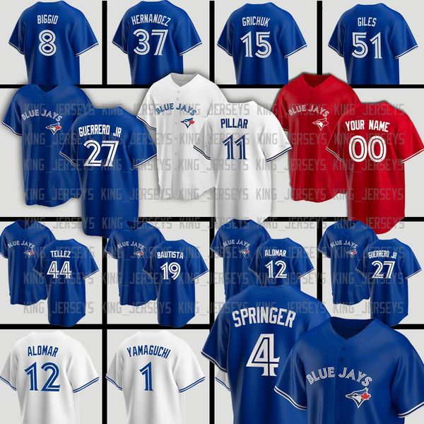 

4 george springer 27 vladimir guerrero jr. 19 jose bautista 8 cavan biggio kevin x4 toronto pillar joe carter blue jays jerseys, Blue;black