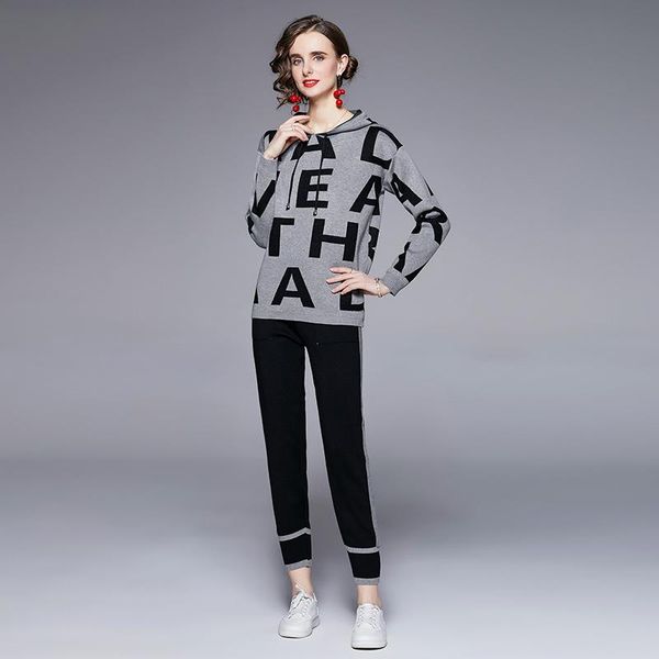 

women's two piece pants knitted carrot pant 2 sets hooded women sweater pullover + big pocket harem tracksuit, White