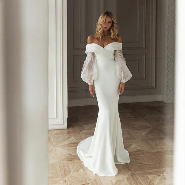 

sparkly satin mermaid 2021 wedding dresses bridal gowns off the shoulder long sleeve sweep train robe de mariÃ©e, White