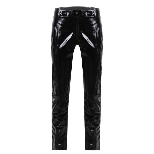 

men's pants men gay pu leather zipper crotch punk wetlook trousers bottoms nightclub stage performance erotic costumes biker clothes, Black