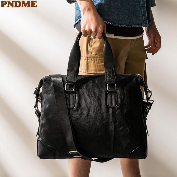 

briefcases pndme simple casual genuine leather men's black briefcase luxury natural real cowhide handbag women travel lapmessenger b