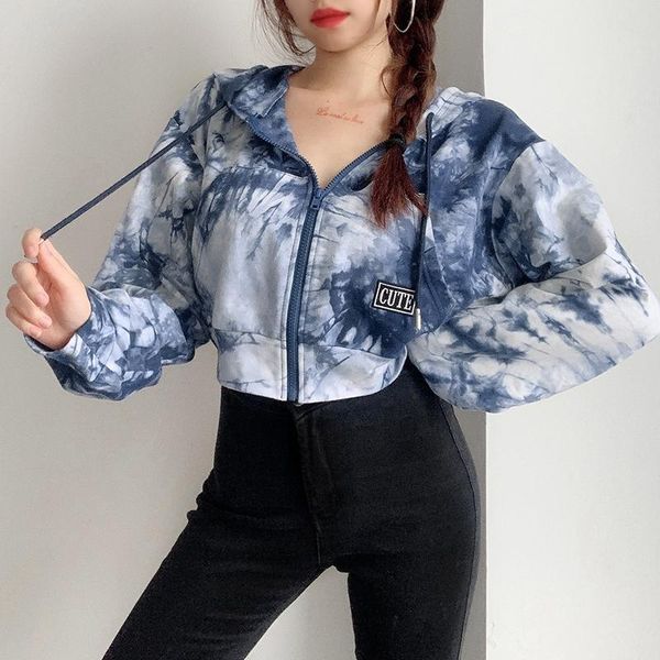 

women's jackets ink tie-dye women cropped and coat 2021 korean zipper hoodies sweatshirt loose harajuku streetwear hooded overcoat blue, Black;brown