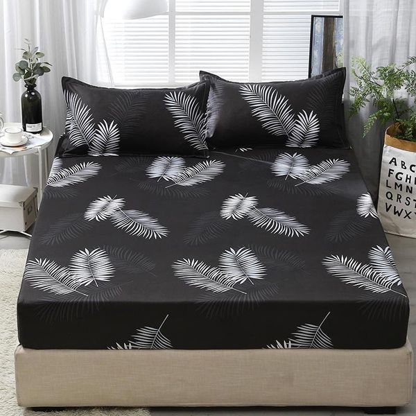 

36 3pcs fitted sheet with case set black leaf printed single queen size mattress protector cover bottom sheet for king bed