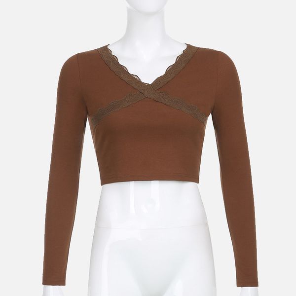 

lace patchwork womens elegant blouse long sleeve v-neck 2021 spring blouses female pullover short skinny sweet ladies crop top, White
