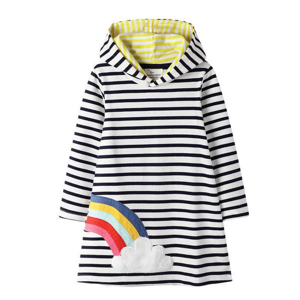 Springen Meter Langarm Mädchen Kleid Hoody Applikation Regenbogen Herbst Frühling Baby Mädchen Baumwolle mit Hoodies Gestreifte Kleidung 210529