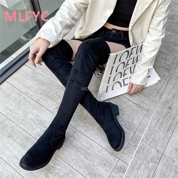 

boots thin stretch knee women 2021 autumn and winter thick heel round toe plus velvet size fashion, Black
