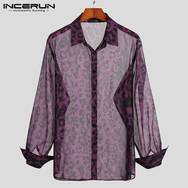 

incerun 2021 fashion leopard print men shirts long sleeve turn down collar mesh blouse man button see through camisa s-5xl, White;black