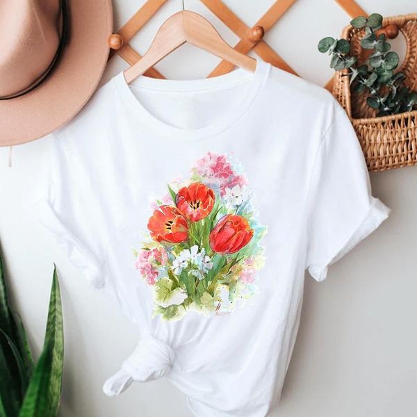 

women's t-shirt women summer tshirts trend sweet travel casual floral fashion short sleeve clothes stylish t lady print tee, White