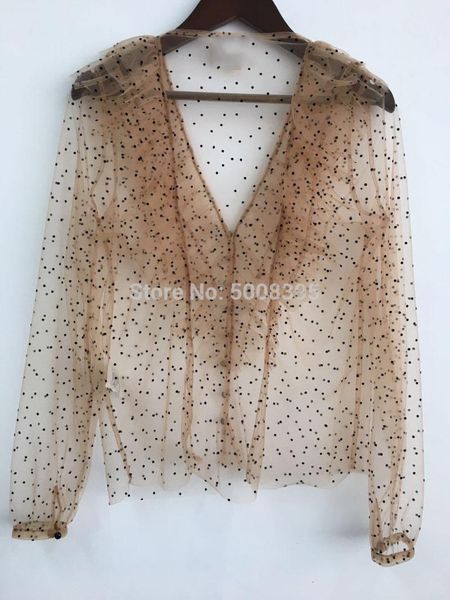 

women's blouses & shirts [elfstyle] - nude dot print tulle shirt v-neck ruffled detail long sleeves fashion blouse woman, White