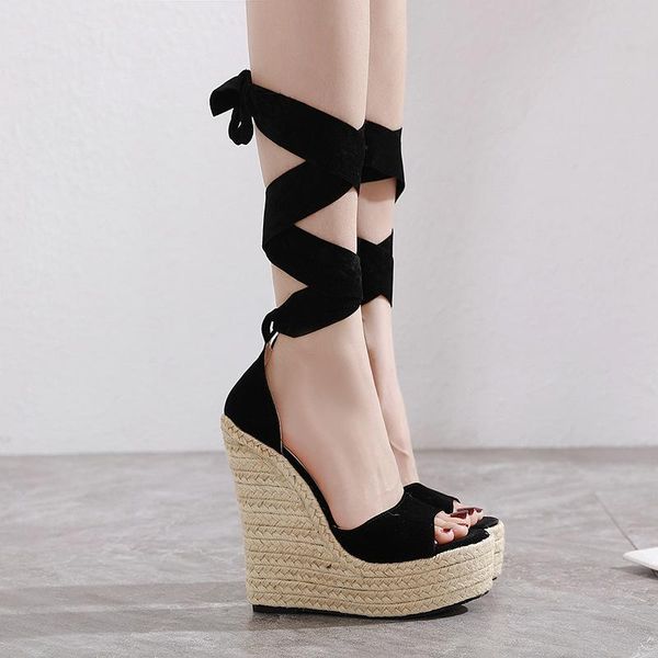

dress shoes ankle strap wedges for women's summer espadrille sandals comfortable heel ladies bohemia canvas pumps 2021, Black
