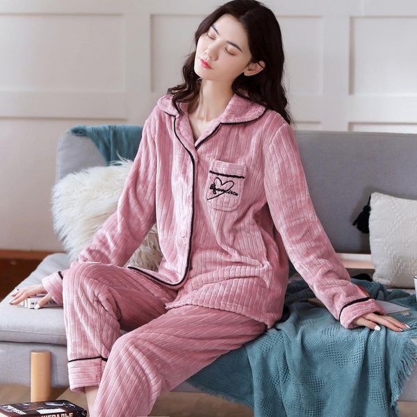 

autumn winter ladies pajamas sets flannel 2pcs set floral printed elegant femme thicken warm soft sleepwear homewear pyjamas, Black;red