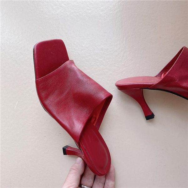 

slippers genuine leather mules shoes women summer open toe thin high heels leisure female outdoor black