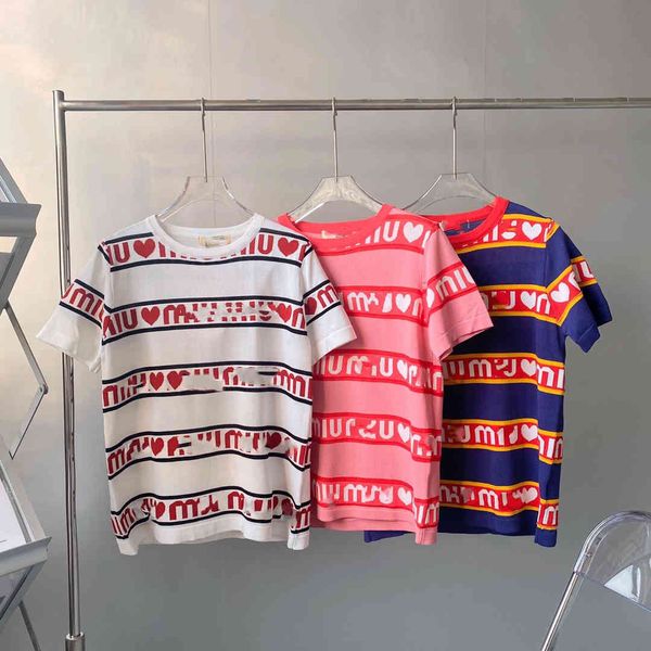 

luxury design family knitted short t-shirt female letter jacquard spring and summer fashion loose stripe half sleeve bottom coat, White