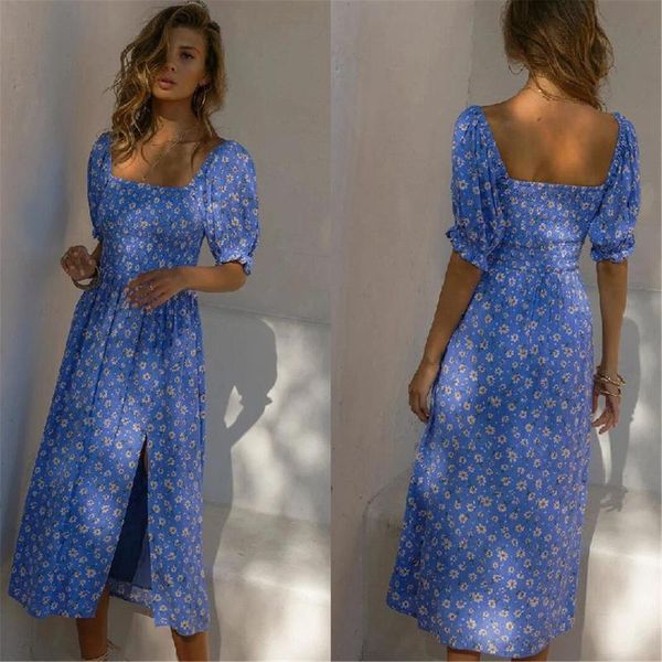 

casual dresses fashion half slit boho dress 2021 women robe femme square neck sleeve broken flowers print loose, Black;gray