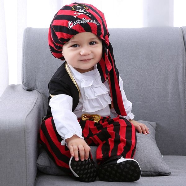 

with cap vest red knight pirate costume jumpsuit stripe suit baby boy halloween party dress children kid clothes 3-15m 210309, Blue