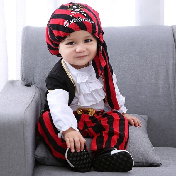 Com Cap Colete Cavaleiro Vermelho Cavaleiro Pirata Costume Macacão Stripe Terno Bebê Menino Dia das Bruxas Vestido Festa Crianças Criança Roupas 3-15m 210309