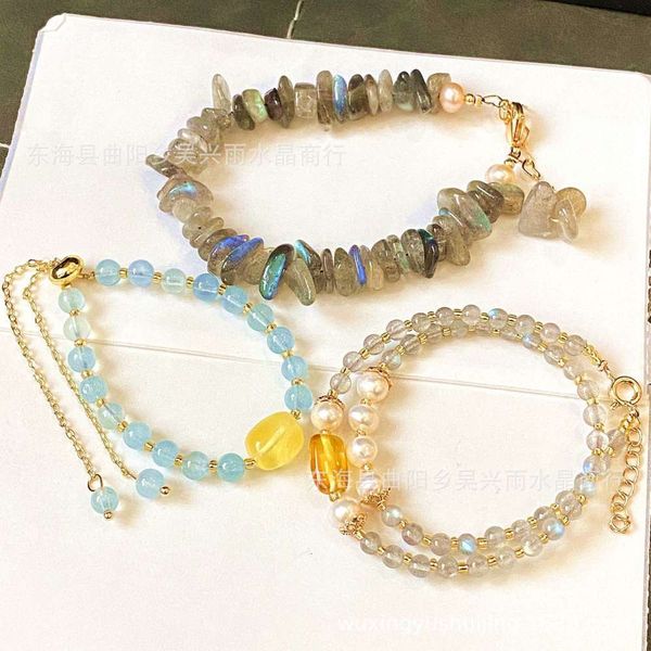 

natural crystal sea blue treasure freshwater pearl elongated stone white moonlight amber honey wax bracelet jewelry, Black