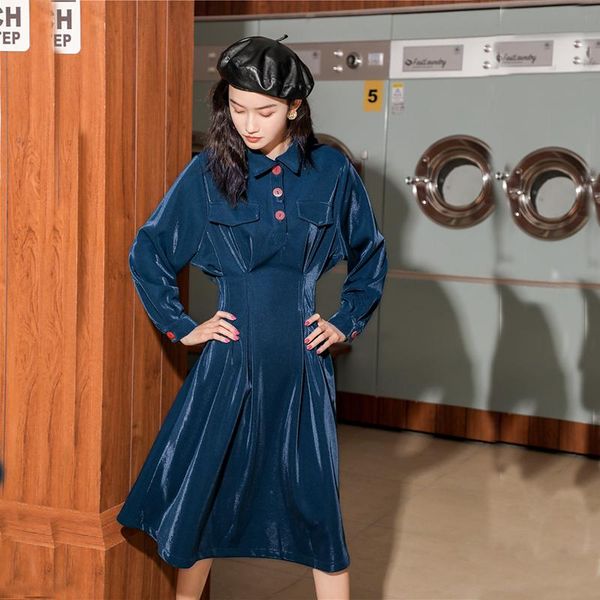 

casual dresses long sleeve velour dress women buttons style retro autumn winter high waist vintage, Black;gray