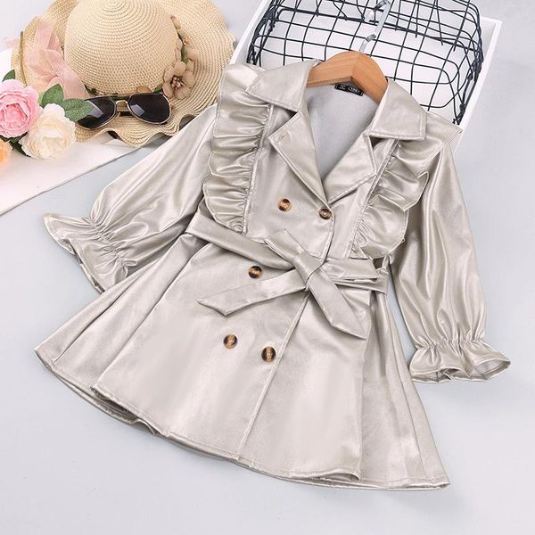

fashion trench coats baby girls pu leather cotton ruffle outerwear double breasted bow waist belt spring autumn kids clothing, Blue;gray