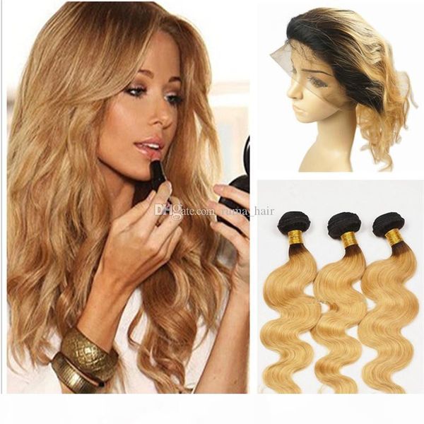 

honey blonde ombre 360 frontal with bundles peruvian virgin human hair wefts 3 bundles with 360 lace frontals black to strawberry blonde, Black;brown
