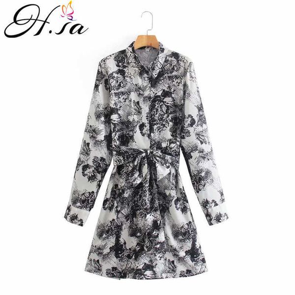 HSA Mulher Verão Roupas Preto Impresso Casual Pintura Vestido Sashes Inclinação Hem Pintura Estilo Único Casual Robe Femme 210716