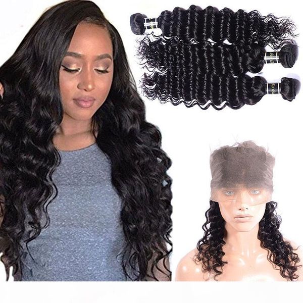 

indian virgin hair deep wave 360 lace frontal pre plucked with baby hair 3 bundles with 360 frontal closure part 8-30inch, Black;brown
