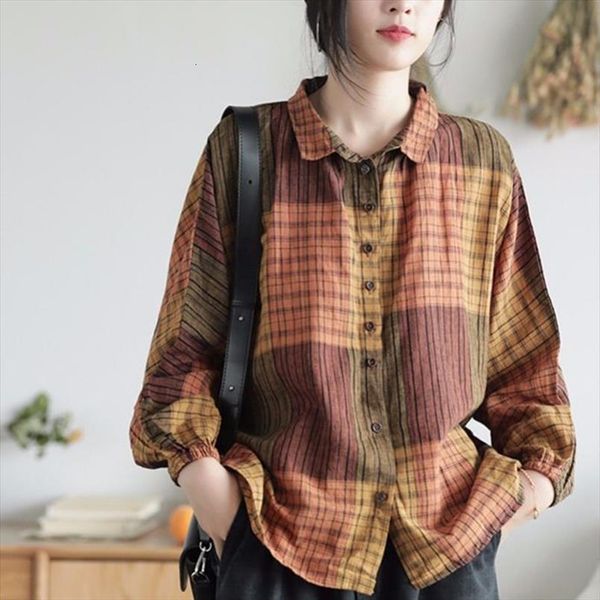 

arrival autumn plus size women shirt batwing sleeve loose casual plaid vintage cotton linen shirts womens d368, White