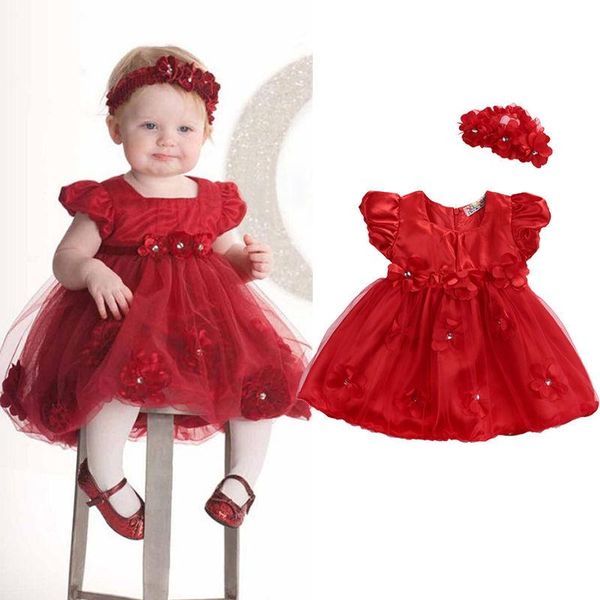 

girl's dresses girls princess dress toddler baby wedding party flower ball gown kid red headband casual outfit, Red;yellow