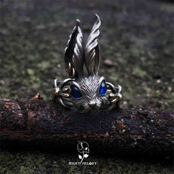 

silver alice big ear red eye rabbit ring, Black