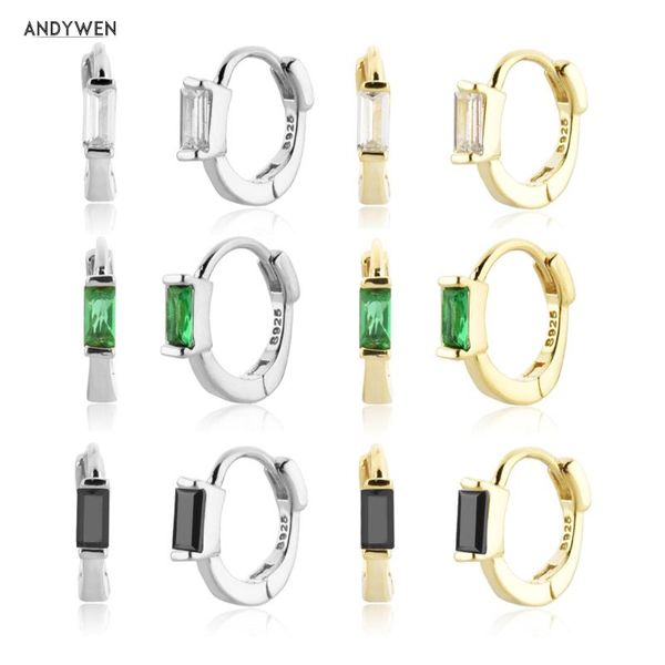 

hoop & huggie andywen 925 sterling silver 8mm one zircon square huggies clips pendiente circle loops luxury jewelry fine, Golden;silver