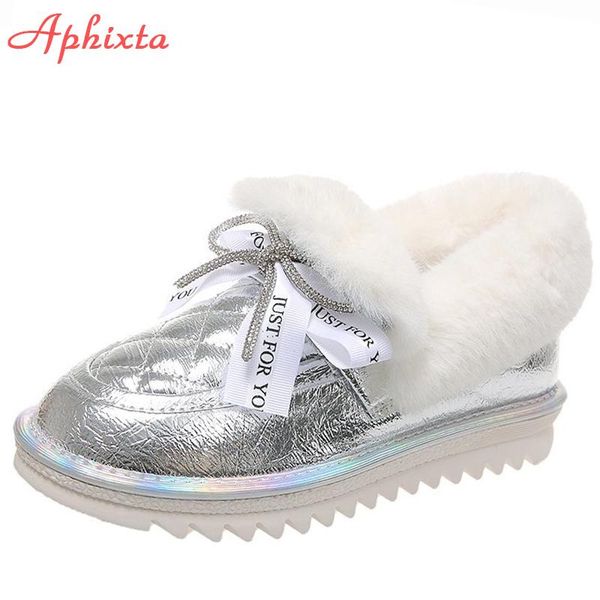 

boots aphixta plush warm silver winter snow women shoes platform flat heel bling crystals bow waterproof fur round head, Black