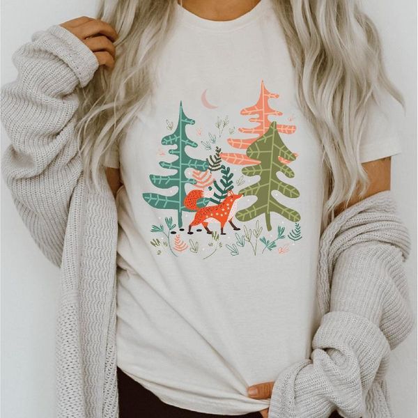 

women graphic fox forest 90s style trend cute printing cartoon lady clothes clothing tees print female tshirt t-shirt, White