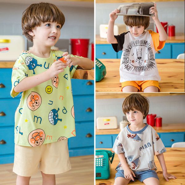 

children's cotton housewear suit short sleeve summer pajamas for boys, Blue;red