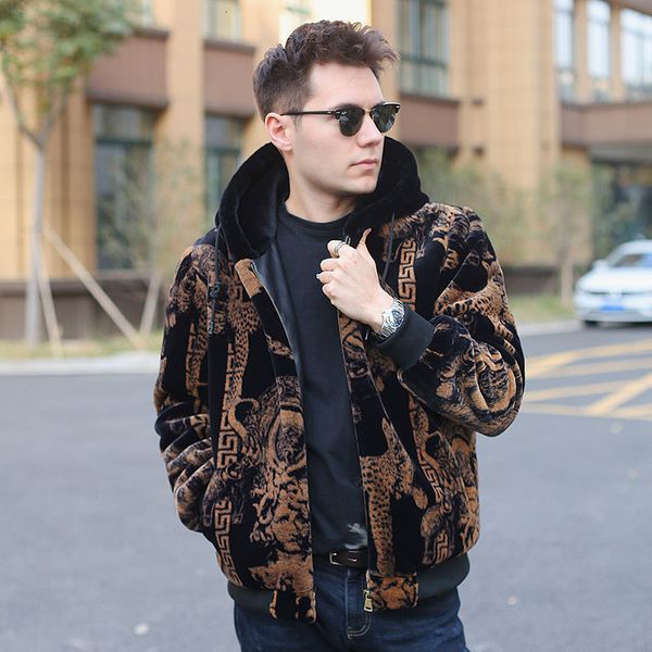 

2021 new leopard printing men's leather jacket korean version of mink gold with a nice hood sheep cut thick fur coat tideupbs, Black