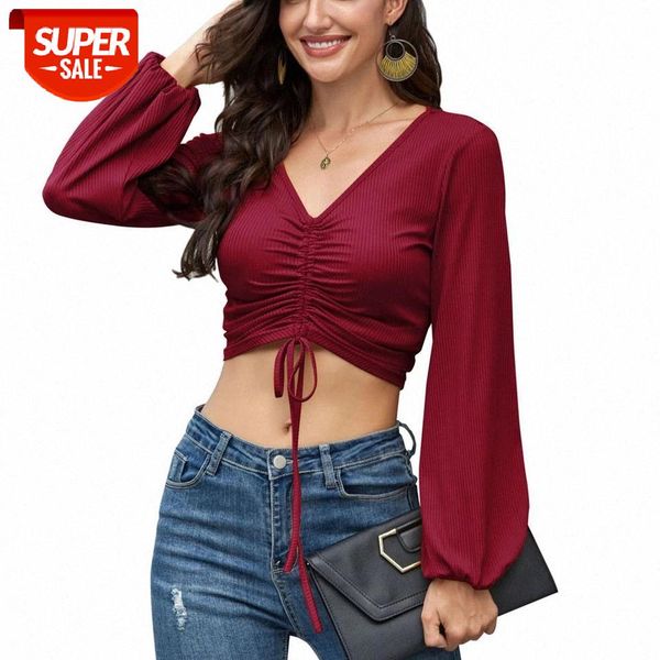 

v neck lace up drawstring cropped autumn women long sleeve pleated t-shirt female party tee wdc5248 #vl8u, White