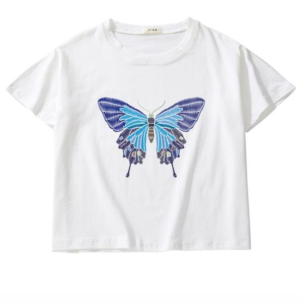 

women's t-shirt cute blue butterfly women summer shirt o-neck harajuku crop streetwear clothing loose female tees, White