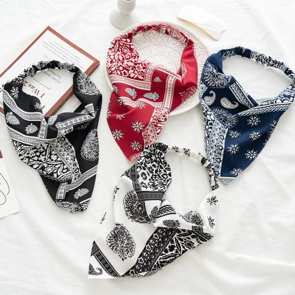 

hair accessories vintage triangle print bandana for women bohemian cloth headscarf elastic hairband fashion girl headband scarf, Slivery;white
