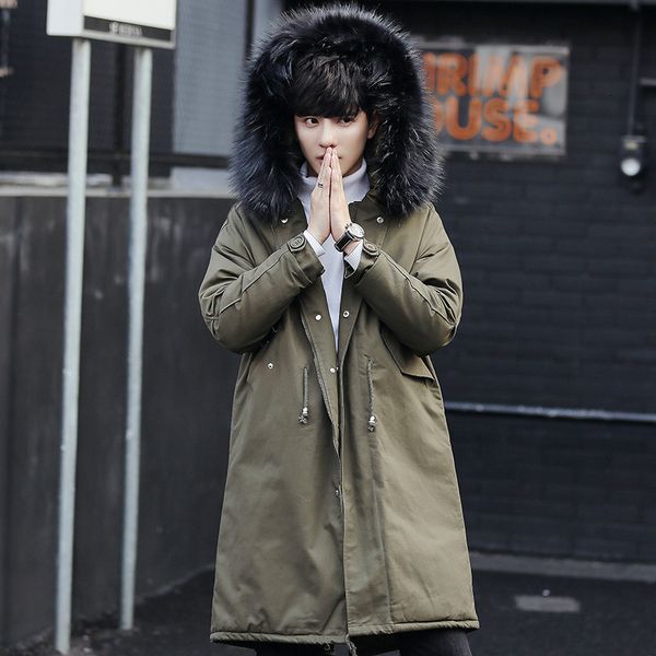 

2021 arrival parka large fur collar yes pockets hood cotton lining solid sale thick winter jacket vpmd, Black