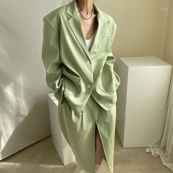 

two piece dress superaen 2021 office lady solid retro all match split skirt set+ loose suit coat, White