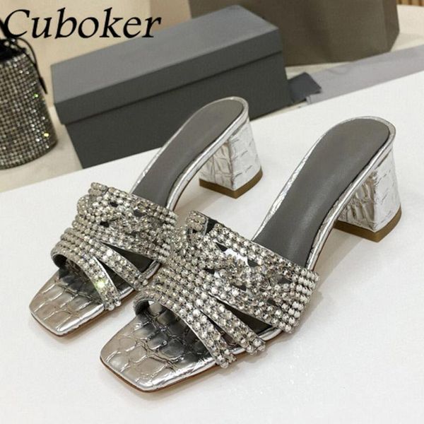 

slippers summer rhinestone high heels women shoes square toe slip on mules pumps party wedding bride sansalias de las mujer, Black