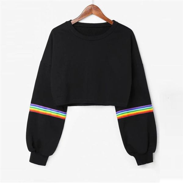 

womens long sleeve striped crop rainbow stripes short sweatshirt jumper black pullover sudadera womens sweatshirts pullover