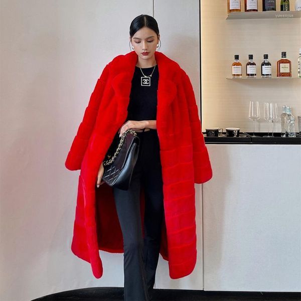 

women's fur & faux women long real rex coat winter outwear trendy natural full pelt coats turn-down collar, Black